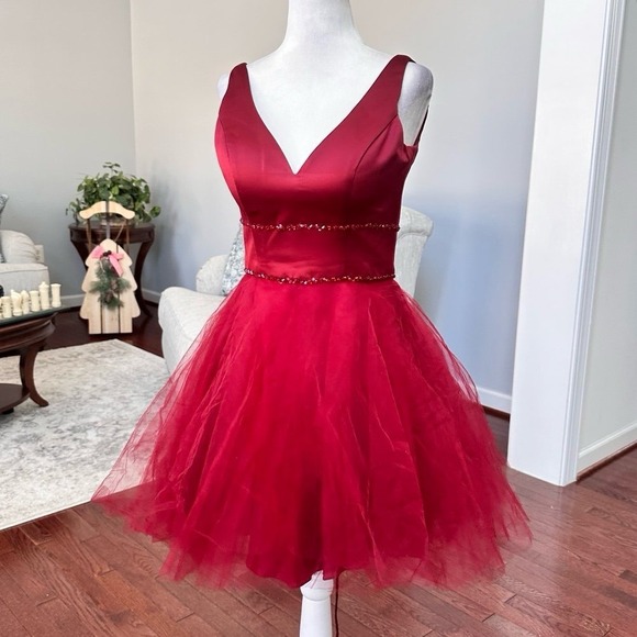 Mori Lee Dresses & Skirts - Mori Lee by Madeline Gardner Red Beaded Waist Plunge Cocktail Formal Dress